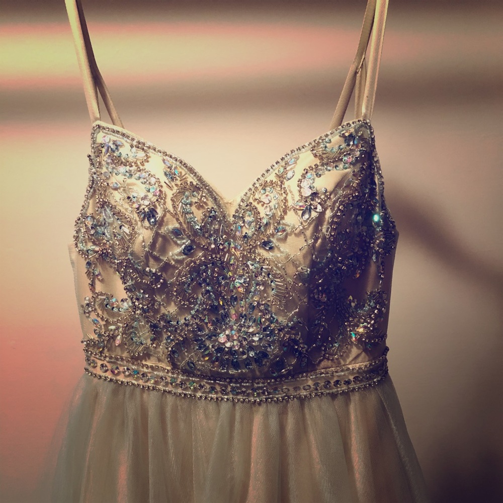 Light Blue and Light Tan Floor Length Prom Dress